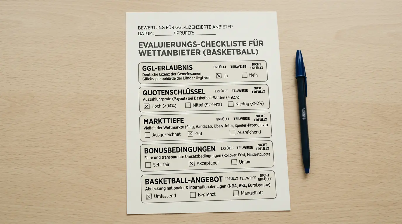 Richtigen Basketball Kombiwetten Anbieter auswählen: Checkliste für GGL-Erlaubnis, Quotenschlüssel und Markttiefe