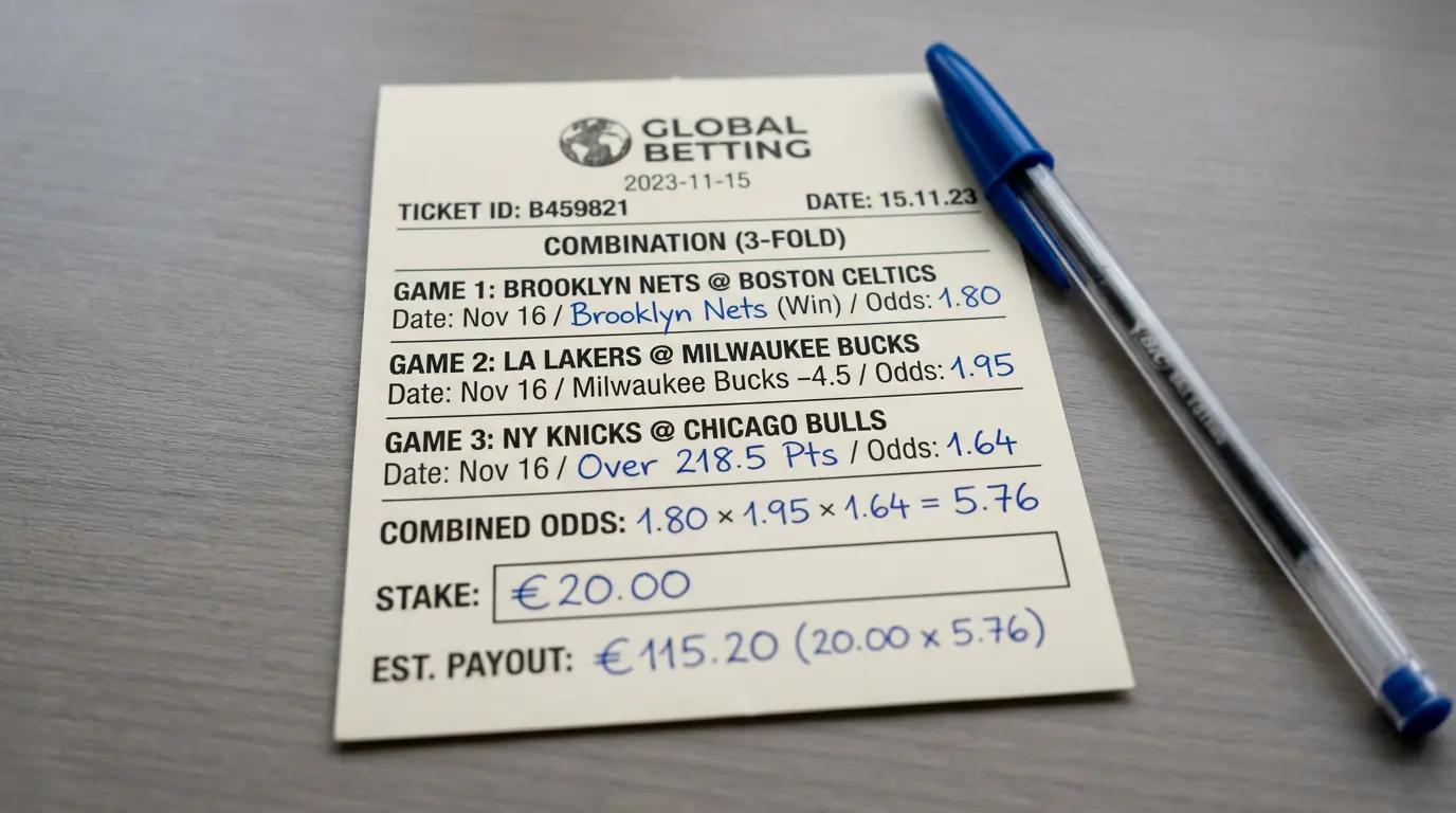Erster Basketball-Kombiwettschein mit drei NBA-Auswahlen und kombinierter Gesamtquote auf einem Wettschein