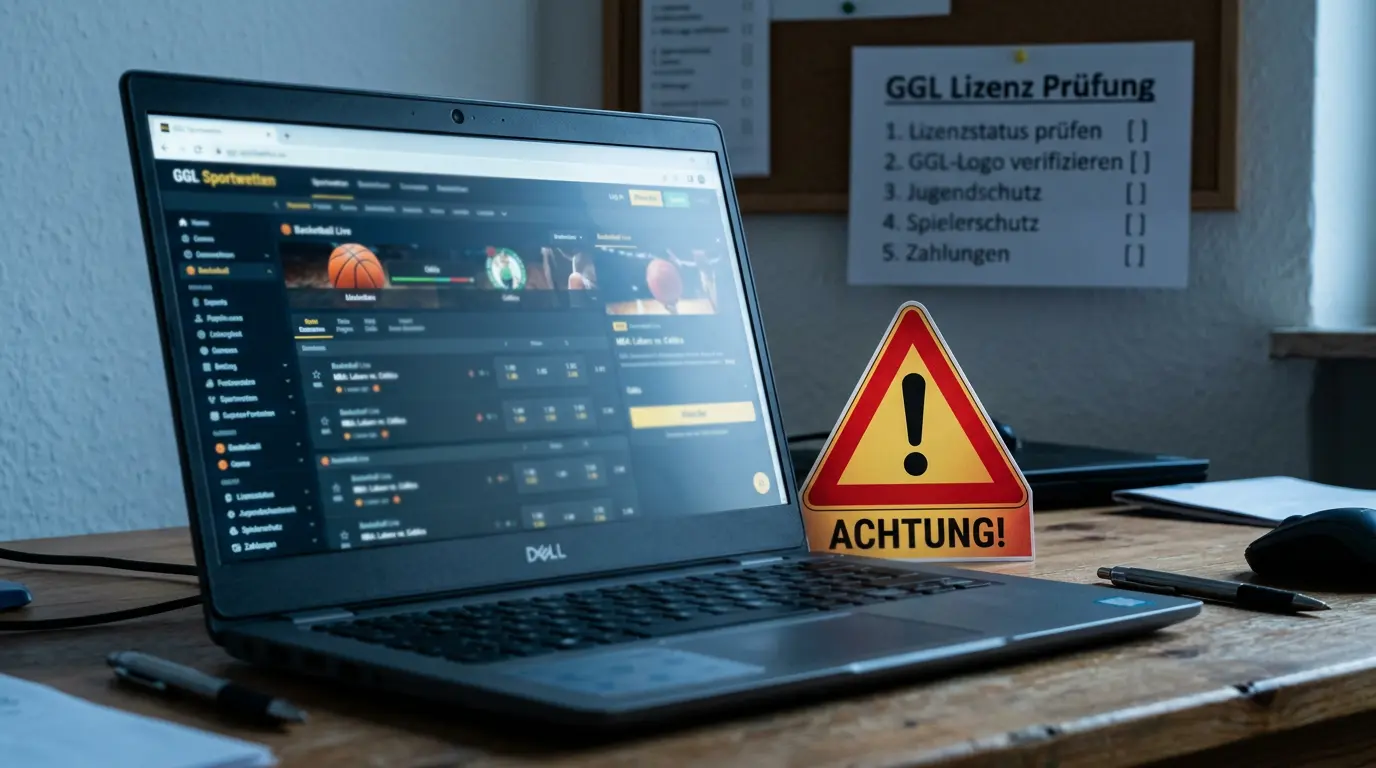 Illegale Sportwetten Basketball Kombiwetten Risiken: Warnsymbol neben nicht lizenziertem Wettanbieter-Interface in Deutschland