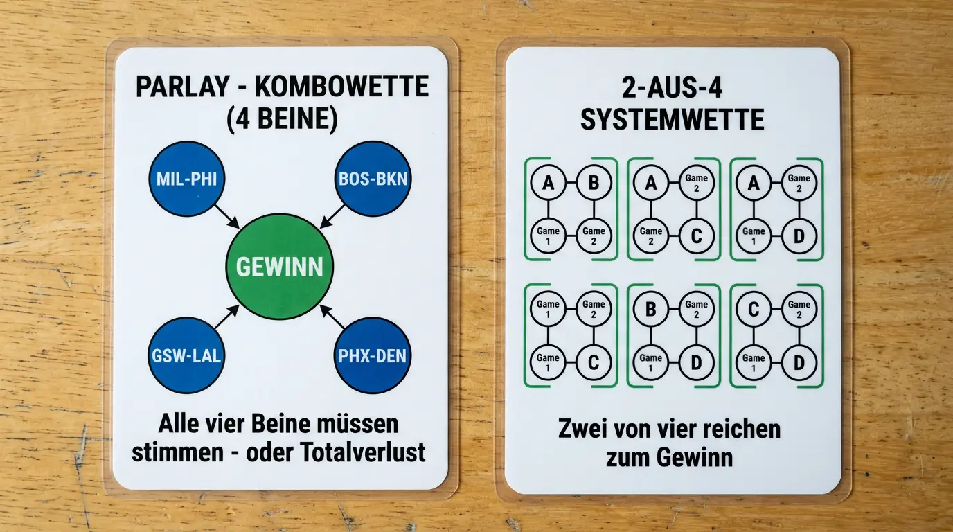 Direkter Vergleich zwischen Kombiwette und Systemwette im Basketball anhand eines konkreten Wettscheins