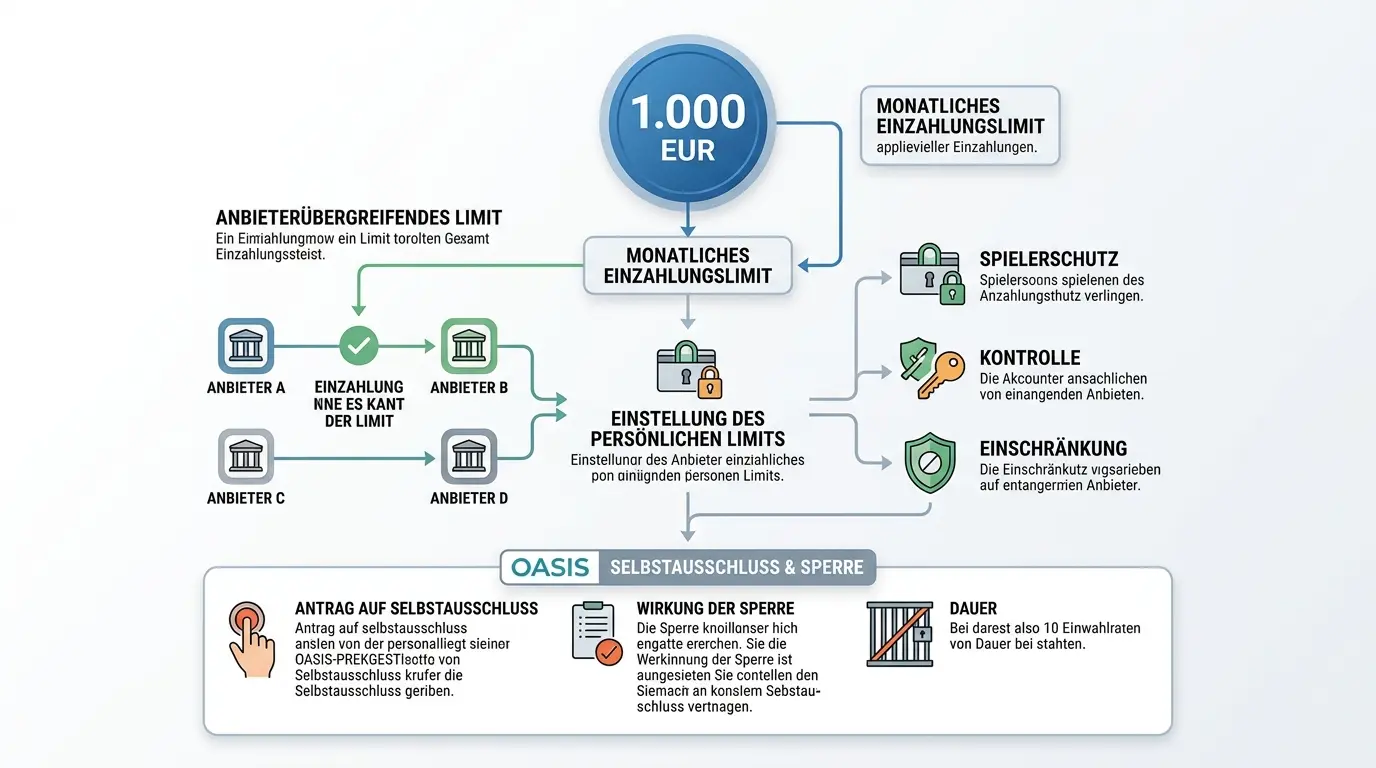 LUGAS Spielerschutzsystem Deutschland – grafische Darstellung des 1000-Euro-Monatslimits und OASIS-Selbstausschlussprozess