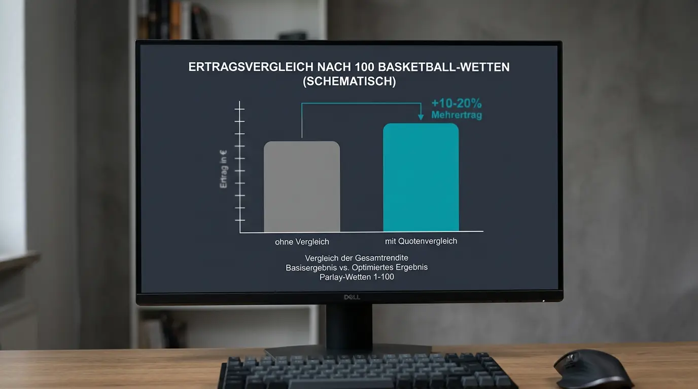 Langfristiger Renditevorteil durch konsequenten Basketball Quotenvergleich: Balkendiagramm über 100 Kombiwetten