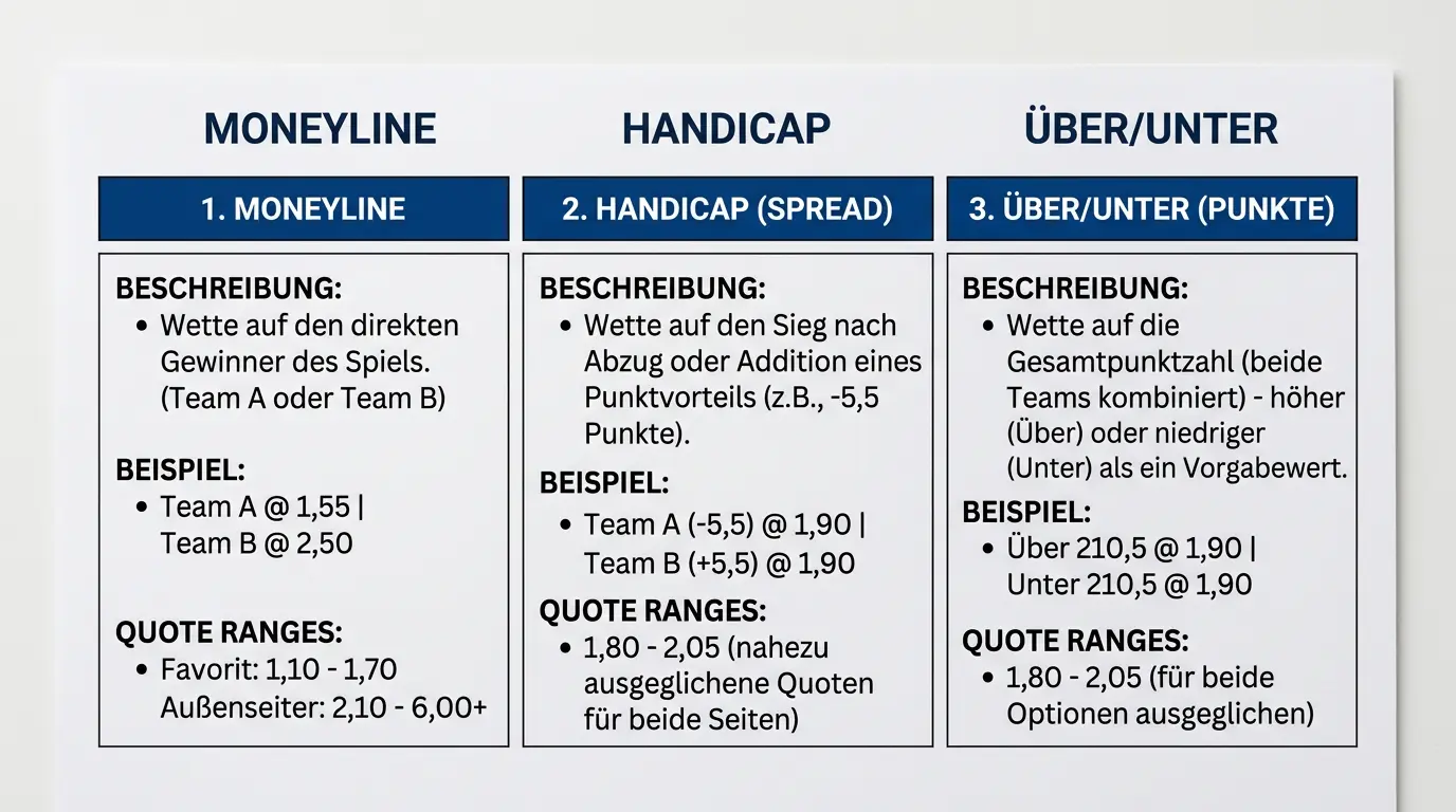 Basketball Wettmärkte für Kombiwetten im Vergleich – Moneyline, Handicap und Über/Unter mit Quotenbereichen